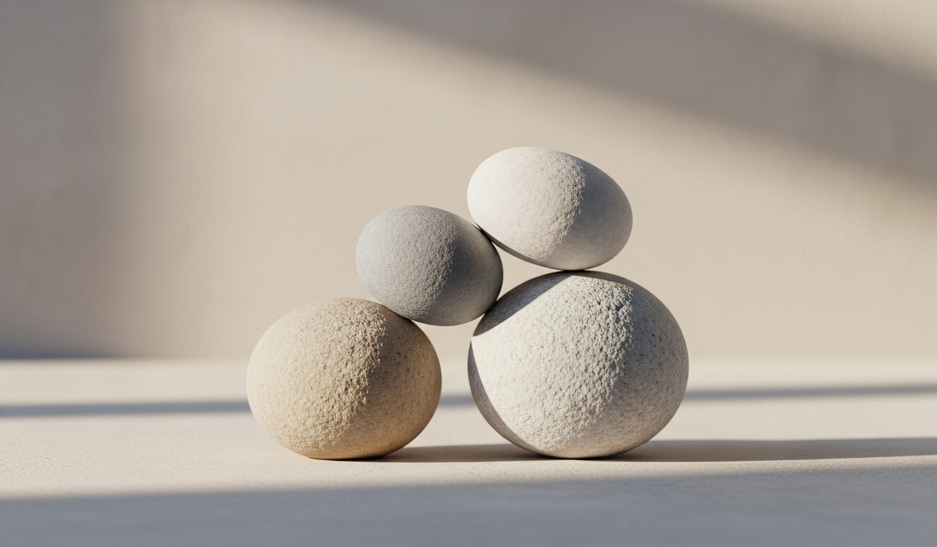 Stack of four textured stone balls on a neutral background